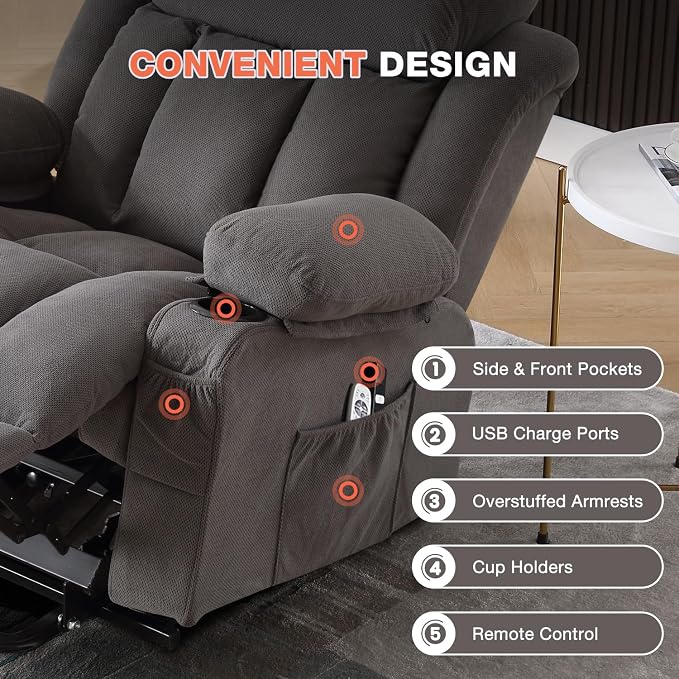 MAHOMICO Power Lift Recliner Chair for Elderly with Vibration Massage and Lumbar Heating, Electric Lift Recliner Single Sofa with Side Pocket, Two Cup Holders and USB Charge Port for Living Room