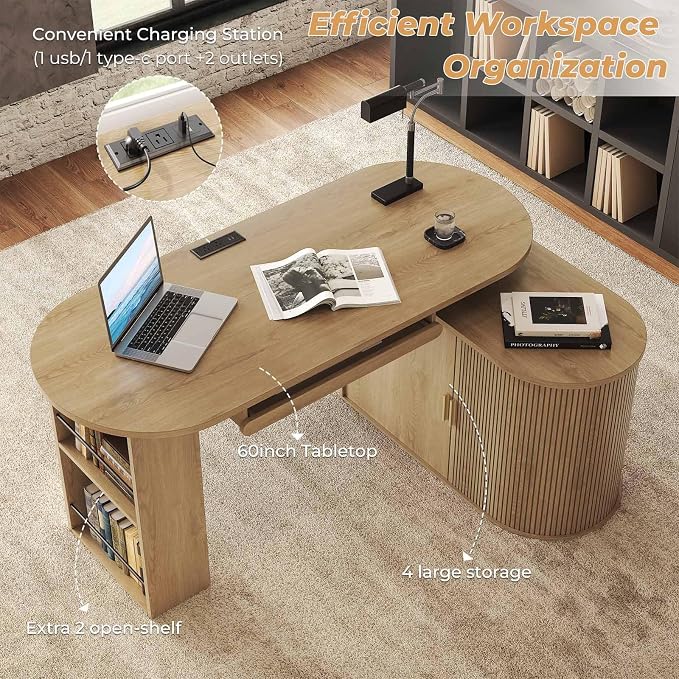 HSH L Shaped Office Corner Desk with Storage Cabinet for Home Oak 60 Inch | Executive Woood Fluted Computer Desk with Keyboard Tray and Open Shelves Modern Reversible Mcm Large Swivel Table