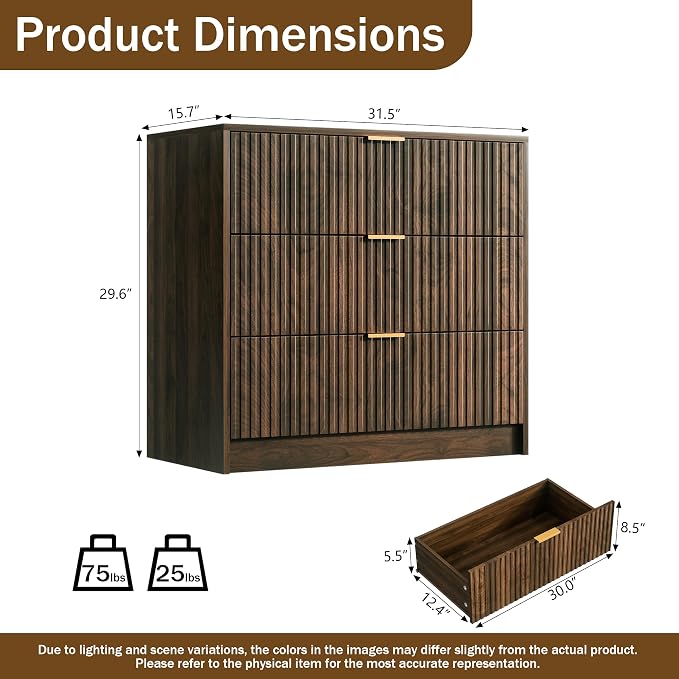 Furniway 3 Piece Bedroom Set, 6 Drawer Dresser and 3-Drawer Nightstand Set of 2 with Gold Handles, Mid-Century Modern Wood Chest of Drawers Storage Cabinet for Bedroom, Walnut