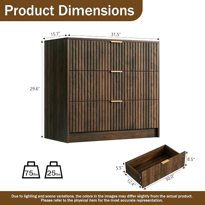 Furniway 3 Piece Bedroom Set, 8 Drawer Dresser and 3-Drawer Nightstand Set of 2 with Gold Handles, Mid-Century Modern Wood Chest of Drawers Storage Cabinet for Bedroom, Walnut