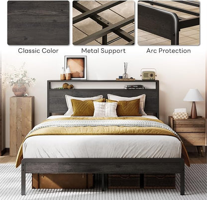 LIKIMIO Full Bed Frame with Headboard, Dark Wood Camas Full with Strong Supports, Sturdy, Noise-Free, No Box Spring Needed, Charcoal Grey
