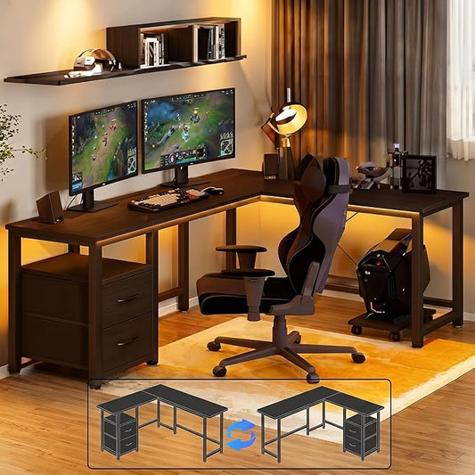 Gizoon 66 Inch L Shaped Desk with Power Outlets & Large Drawers, Reversible Corner Gaming Desk, Home Office Computer Workstation with CPU Stand, Black