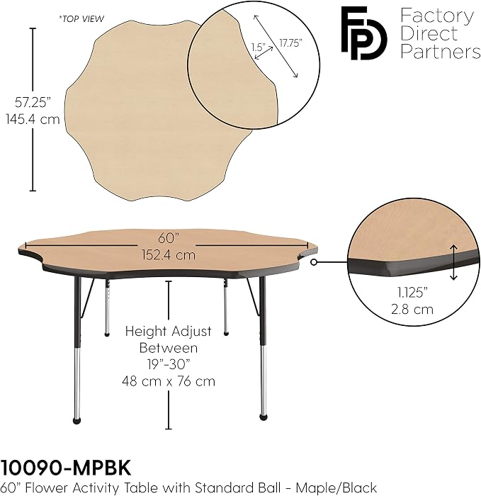 FDP Flower Activity School and Office Table (60 inch), Standard Legs with Ball Glides for Collaborative Seating Environments, Adjustable Height 19-30 inches - Maple Top and Black Edge