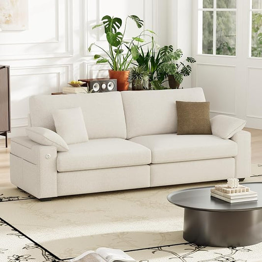 MALOL 89" Loveseat Couch, 3 Seater Upholstered Midcentury Mondern Love Seat with USB Type C Ports, 4 Pillows and Storage Armrest Cloud Foam Sofa for Living Room/Small Spaces, Beige | Breathable material