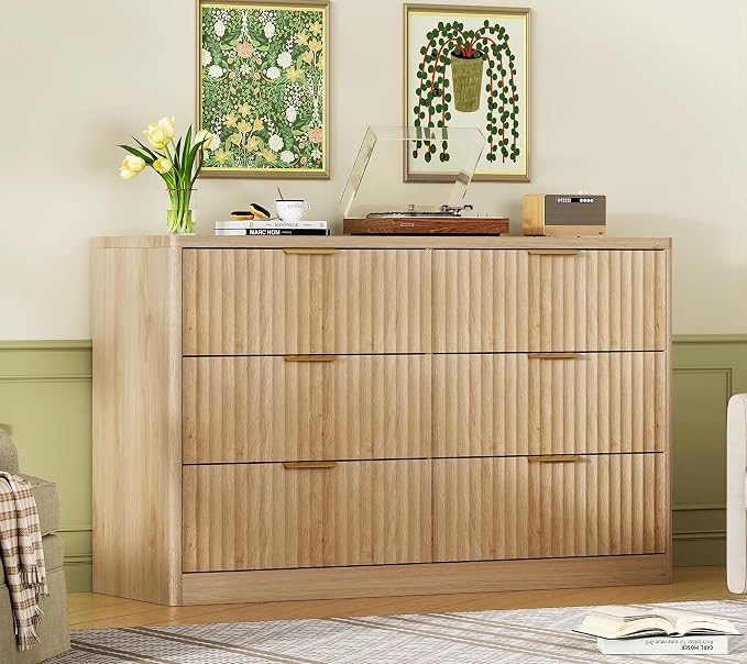TEENFON Fluted 6 Drawer Dresser for Bedroom, Wide Modern Chest of Drawers with Metal Handle, Curved Profile Design, Wood Closet Clothes Storage Organizer for Bedroom, Hallway, Natural