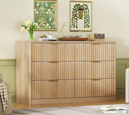 TEENFON Fluted 6 Drawer Dresser for Bedroom, Wide Modern Chest of Drawers with Metal Handle, Curved Profile Design, Wood Closet Clothes Storage Organizer for Bedroom, Hallway, Natural