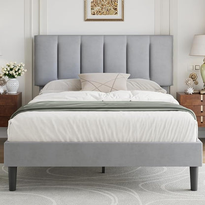 VECELO Full Size Bed Frame with Upholstered Headboard, Heavy-Duty Bedframe with Strong Wooden Slats Support, No Boxing Spring Needed, Light Grey