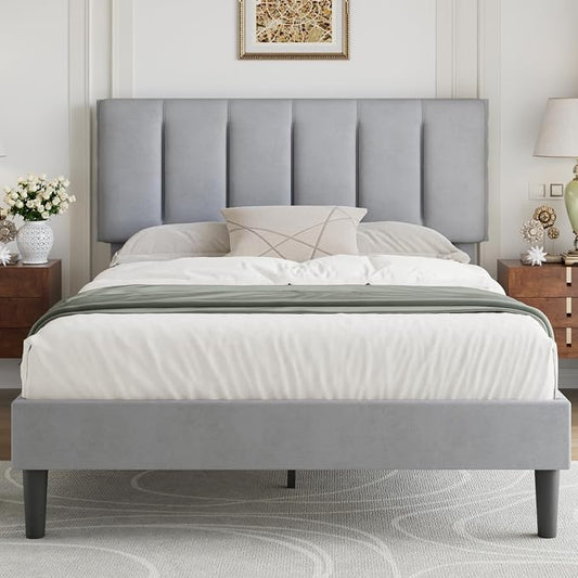 VECELO Full Size Bed Frame with Upholstered Headboard, Heavy-Duty Bedframe with Strong Wooden Slats Support, No Boxing Spring Needed, Light Grey