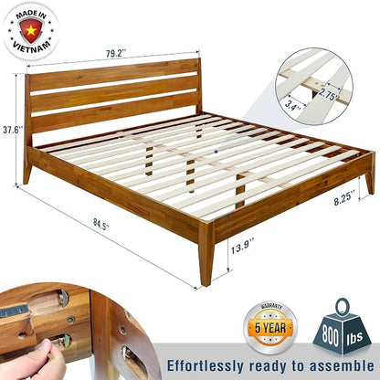 Acacia Emery Bed Frame with Headboard Solid Wood Platform Bed, King Size Bed Frame, Mid - Century Modern Wood Bed Compatible with All Mattresses, Easy Assembly, Non-Slip, Caramel.