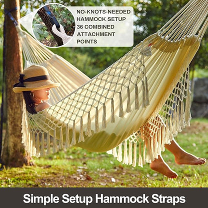 CHULIM Brazilian Double Hammock with Tree Straps,Extra Large 94x63IN,2 Persons Hammock for Backyard Patio Outdoor Indoor,450lbs Weight Capacity,Soft Woven Cotton Fabric - Natrual White with Tassels