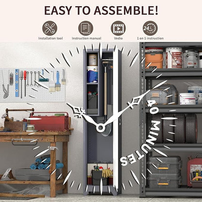 65" H Slim Broom Storage Cabinets, Utility Cabinet for Brooms and Mops, Steel Cleaning Tool Cabinet with Hanging Rod & S-Hooks for Bathroom, Garage