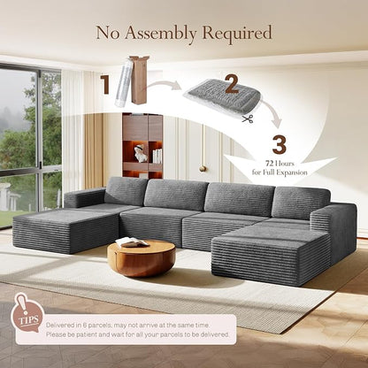 Vesgantti 159" Large Modular Sectional Sofa, U-Shaped Corduroy Cloud Couch with Deep Seats & Spring Support, 4-Seater Boneless Sofa with 2 Movable Ottomans, No Assembly Needed, Grey