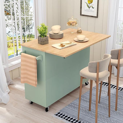 HLR Kitchen Island with Storage, Sage Green Rolling Kitchen Cart on Wheels with Drop-Leaf Bar Countertop, Islands Prep Table with Side Open Spice Rack and Tower Rack, Extra Storage for Kitchen