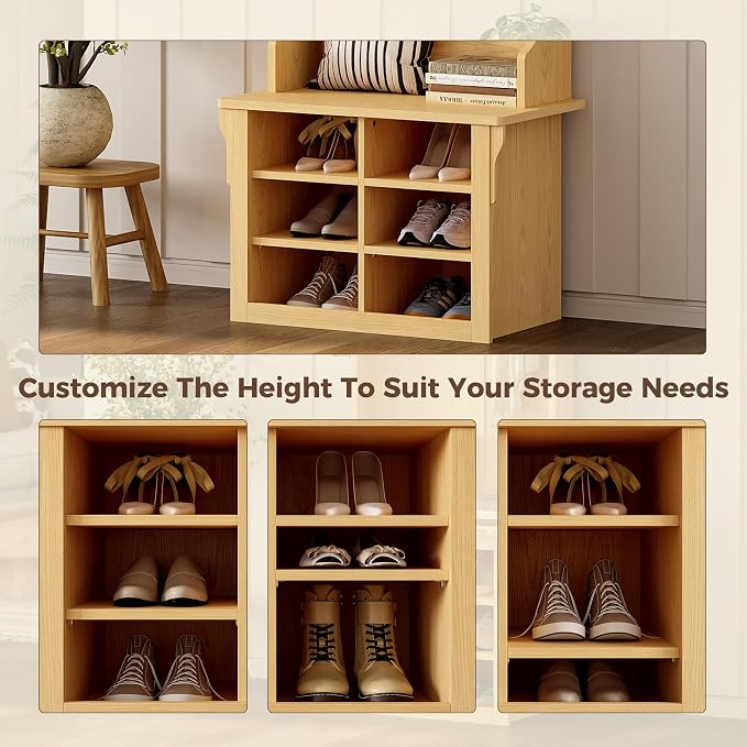 IRONCK 70"H 26"W Hall Tree with Bench and Shoe Storage, 6-in-1 Entryway Bench with Coat Rack, Adjustable Shelf, Hanging Hooks, 6 Shoe Cubby, 2 Tier Top Storage for Entryway, Bedroom, Living Room, Oak