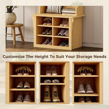 IRONCK 70"H 26"W Hall Tree with Bench and Shoe Storage, 6-in-1 Entryway Bench with Coat Rack, Adjustable Shelf, Hanging Hooks, 6 Shoe Cubby, 2 Tier Top Storage for Entryway, Bedroom, Living Room, Oak