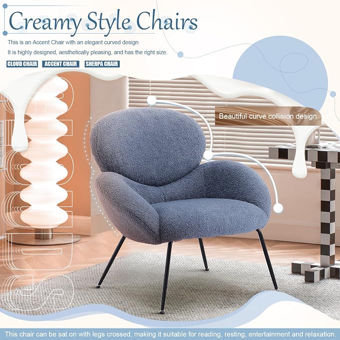 Accent Chair, Accent Chair for Bedroom, Boucle Chair (Blue) | Comfy Bedroom Chair with Love Back and Sturdy And Durable Solid-Wood Frame/ Study Room / Bedroom / Living Room /(Cream Style)