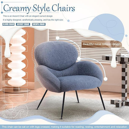 Accent Chair, Accent Chair for Bedroom, Boucle Chair (Blue) | Comfy Bedroom Chair with Love Back and Sturdy And Durable Solid-Wood Frame/ Study Room / Bedroom / Living Room /(Cream Style)