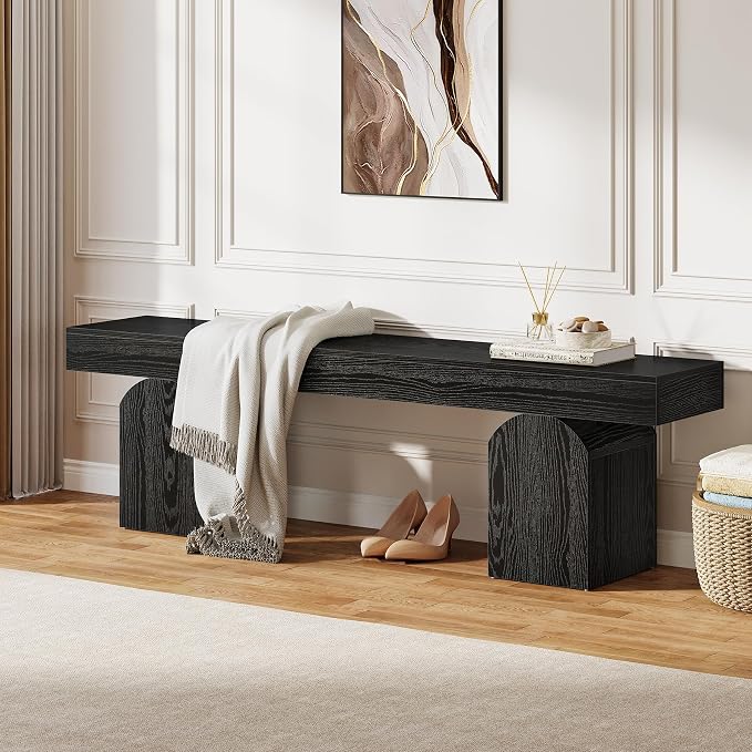 Tribesigns 59" Modern Entryway Bench, Black Wooden Shoe Bench with Arched Base, Sturdy End of Bed Bench for Entryway, Living Room & Bedroom