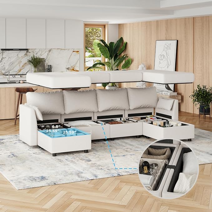 Huatean Home 114.17" Modular Sectional Sofa, 6 Seat Modular Couch with Storage, Memory Foam, Convertible Sectional Couches for Living Room, U Shaped Comfy Modular Sofa with Chaise, White