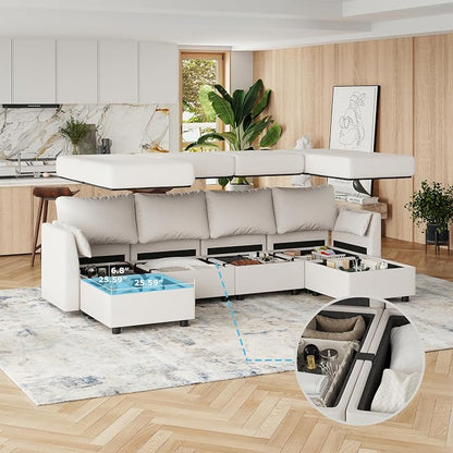 Huatean Home 114.17" Modular Sectional Sofa, 6 Seat Modular Couch with Storage, Memory Foam, Convertible Sectional Couches for Living Room, U Shaped Comfy Modular Sofa with Chaise, White