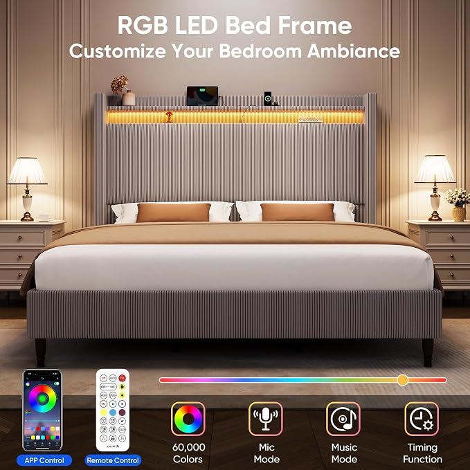 King Bed Frame with 55.3" Tall Headboard, Corduroy Upholstered Platform Bed with LED Lights & Charging Station, Wingback Storage Headboard, Solid Wood Slats,Noise Free,No Box Spring Needed,Gray Brown