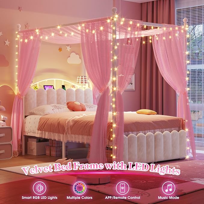 Homkdom Canopy Bed Frame Full Size with Upholstered Storage Headboard and Charging Station & LED Lights, 2 Oversized Drawers,Heavy-Duty Support, No Box Spring,Noise-Free,Easy Assembly, White