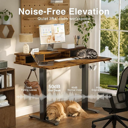 Veken 55x26 in Electric Standing Desk with Drawers, Adjustable Table, Brown | Stand up Computer Desk for Home Office, Work & Study, with Storage, 3 Memory Presets, Cable Organizer, Hook, and Quiet Lift.