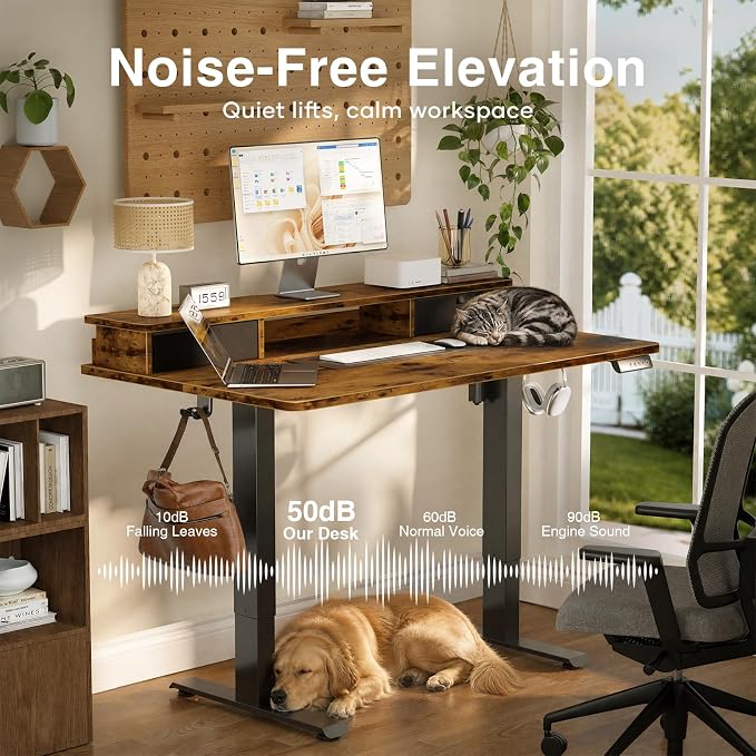 Veken 47x28 in Electric Standing Desk with Drawers, Adjustable Table, Brown | Stand up Computer Desk for Home Office, Work & Study, with Storage, 3 Memory Presets, Cable Organizer, Hook, and Quiet Lift.