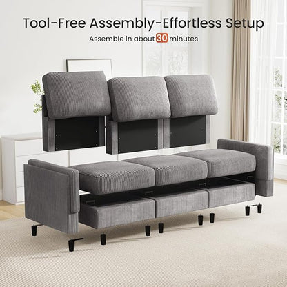 KKL 3 Seat 83‘’ Sofa Couch for Living Room - Modular Sectional Small Couch with Storage Ottoman, Convertible L Shaped for Living Room, Modern Reversible Design (Grey, 3 Seat Sofa)