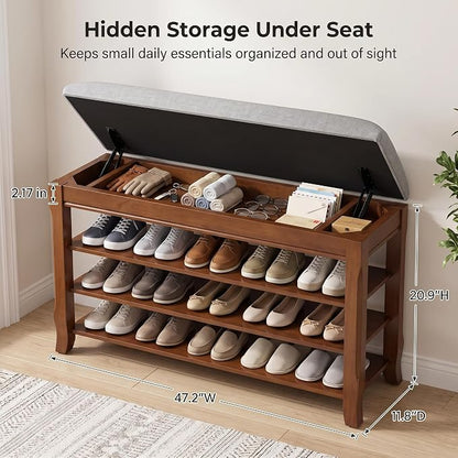 Solid Wood Shoe Bench, 47.2'' Shoe Rack for Entryway Storage | 550 lbs Max Load, Flip-Top Soft-Close Lid, Adjustable Shelves, Cushioned Entryway Shoe Rack Organizer, Tool-free Assembly