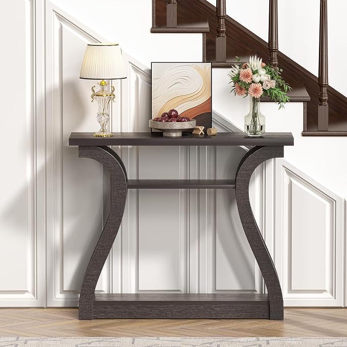 47" Wood Console Table for Entryway, Narrow Sofa Table with 3-Tier Shelves, Curved Legs Farmhouse Hallway Table, Skinny Console Table Behind Couch, Rustic Wooden Entry Table for Living Room (Brown)