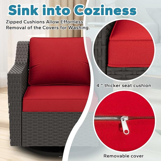 8 Pieces Patio Conversation Furniture Set - 2 Sofas, 4 Ottomans, 2 Swivel Chairs, 1 Side Table, Outdoor Wicker Furniture with Removable Cushions for Porch, Balcony, Sunroom (Red)