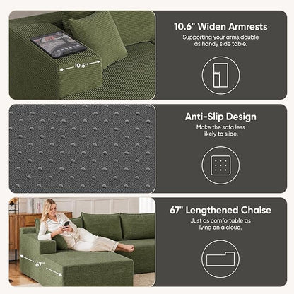 Boneless Couch, 102.4" Sectional Couches for Living Room with L Shape Sofa | Cloud Couch Sectional with Chaise, Modular Cloud Sofa with Deep Seat, No Assembly, Green, Corduroy, Left Chaise