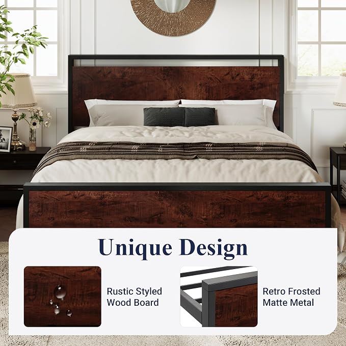 Allewie Queen Size Platform Bed Frame with Wooden Headboard and Footboard, Heavy Duty 12 Metal Slats Support, No Box Spring Needed, Under-Bed Storage, Noise Free, Easy Assembly, Mahogany