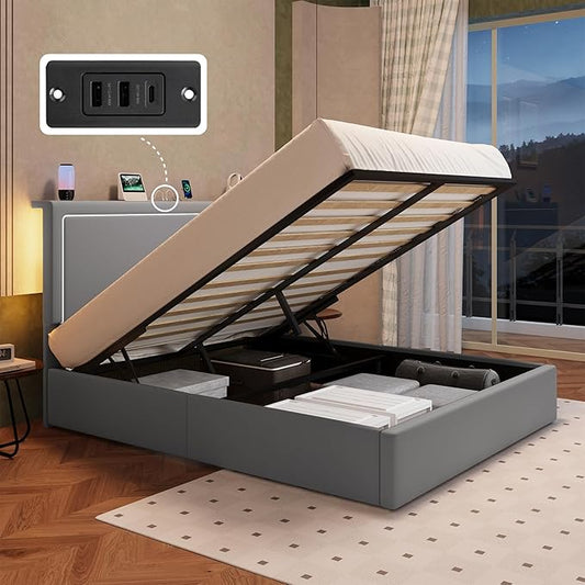 Allewie Queen Size Lift Up Storage Bed Frame with Charging Station & LED Lights, Adjustable Velvet Upholstered Storage Headboard, Type-C & USB Ports, Hydraulic Support, No Box Spring Needed, Grey
