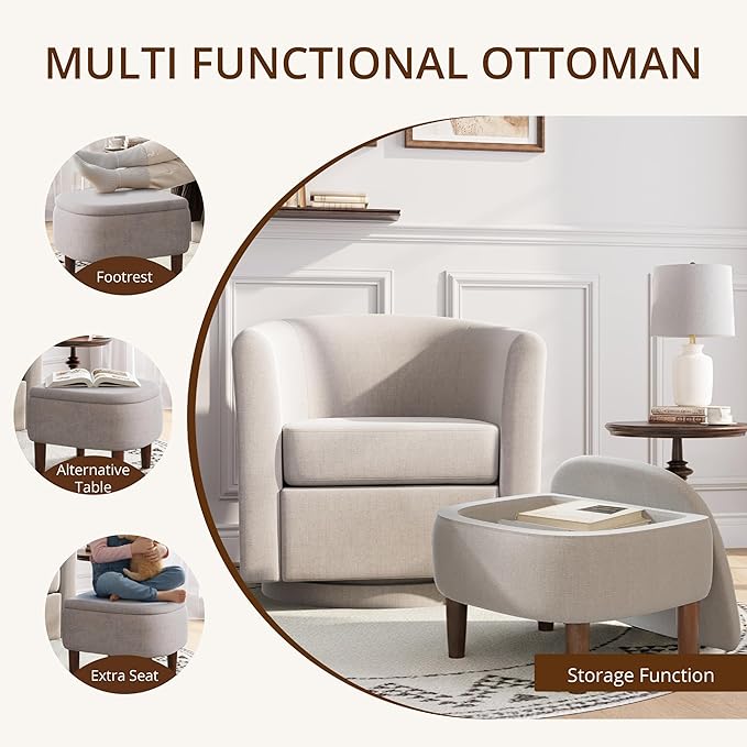 Swivel Accent Chair with Storage Ottoman, Small Modern Linen Barrel Chair, Upholstered Armchair with Footrest for Living Room/Reading/Bedroom, 24.8'' D x 25.38'' W x 25.6'' H, White