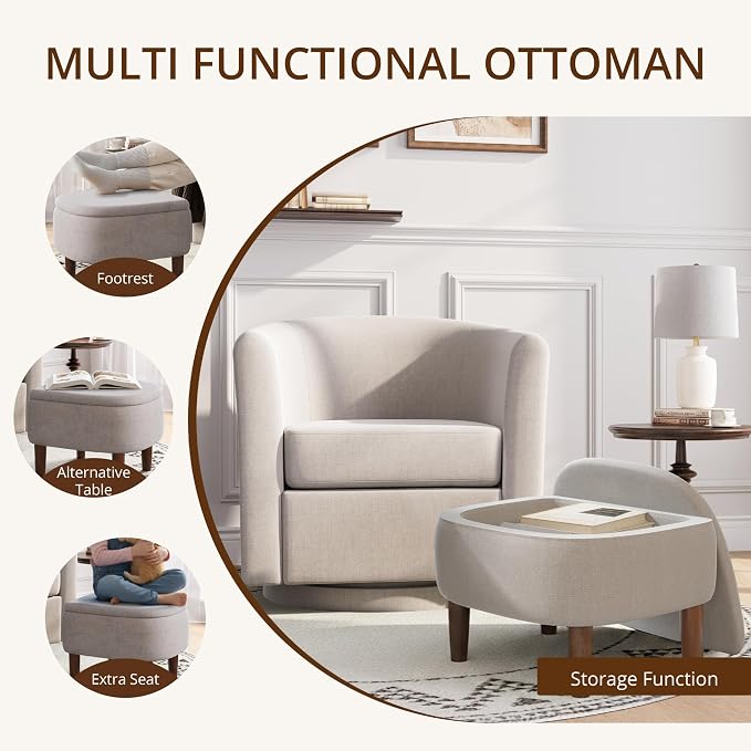 Swivel Accent Chair with Storage Ottoman Set of 2, Small Modern Velvet Barrel Chair, Upholstered Armchair with Footrest for Living Room/Reading/Bedroom, 24.8'' D x 25.38'' W x 25.6'' H, White