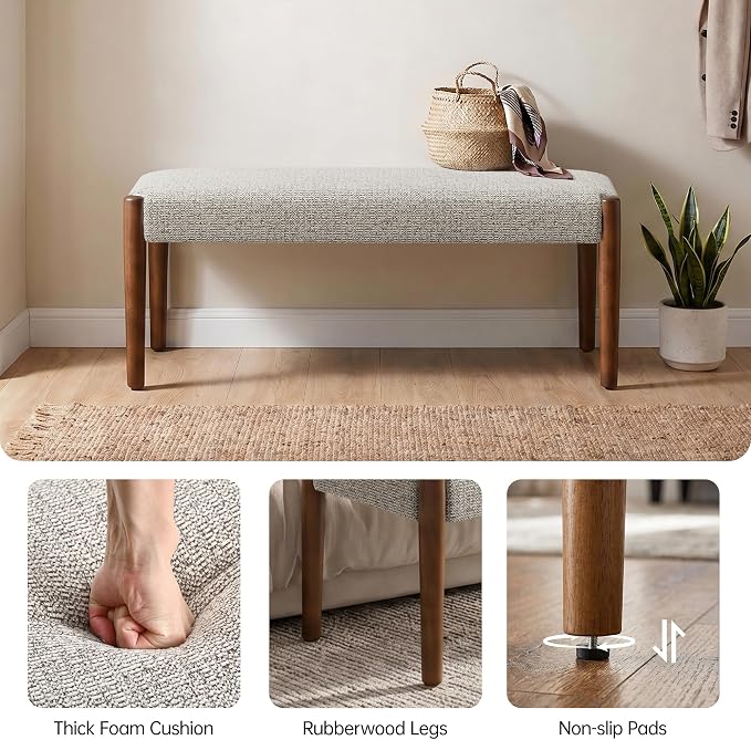 Usaint 42" End of Bed Bench, Modern Upholstered Bedroom Bench with Rubberwood Legs, Entryway Bench with Cushion, Dining Bench for Living Room, Bedroom, Light Brown with Walnut Leg