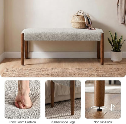 Usaint 42" End of Bed Bench, Modern Upholstered Bedroom Bench with Rubberwood Legs, Entryway Bench with Cushion, Dining Bench for Living Room, Bedroom, Light Brown with Walnut Leg