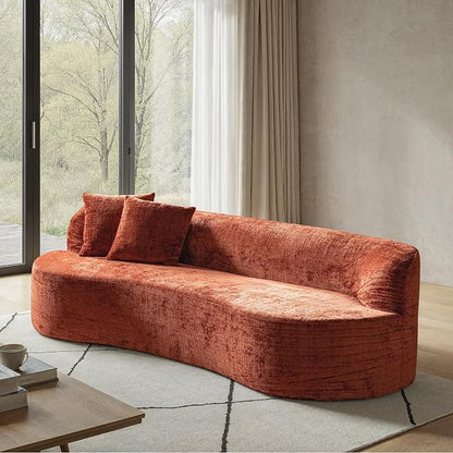 95" Modern Curved Compressed Sofa, All-Foam 3-Seater Cloud Couch with 2 Pillows, No Assembly Required Boneless Sofas for Living Room, Orange
