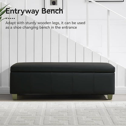 WUTUTUEE 51" Faux Leather Storage Ottoman, Stitch Tufted Rectangle Upholstered End of Bed Storage Bench, Entryway Large Couch Ottoman with Wooden Legs, Dark Black