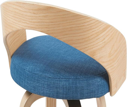 Sonia Modern Swivel Bar Height Stool with Blue Upholstered Seat and Patterned Oak Wood Finish Set of 4