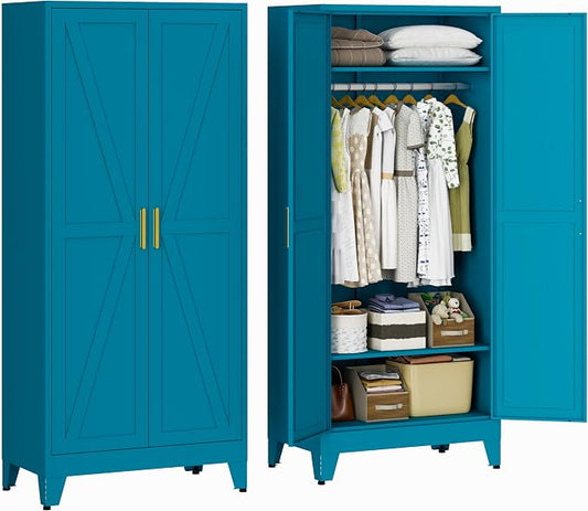 71" H Wardrobe Closet with Doors, Metal Wardrobe Cabinet with 2 Doors and 2 Adjustable Shelves, Armoire Wardrobes Closet with Hanging Rod, Closets for Bedroom, Laundry Room, Blue