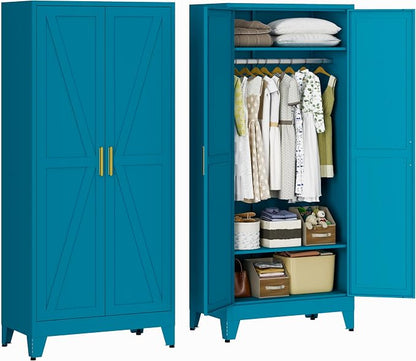 Metal Armoire Wardrobe Closet with Hanging Rod, 71'' Metal Wardrobe Cabinets with 2 Doors and Adjustable Shelves, Bedroom Armoires, Laundry Room Clothing Storage Cabinet, Office Wardrobes