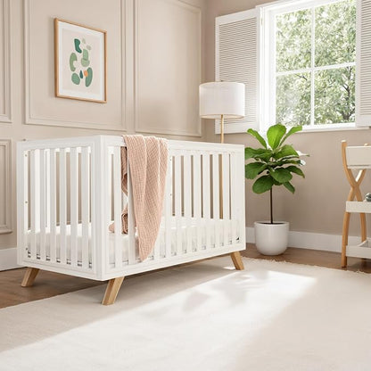 Comfy Cubs Baby Crib for 0 to 3 Years - Adjustable Mattress Height, Natural Wooden Crib for Baby, Elegant Nursery Furniture - 80 lbs Capacity Nursery Bed - White Bars and Frame with Natural Wood Leg