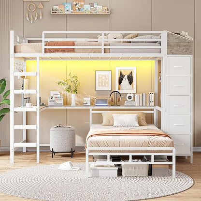 VIAGDO Bunk Bed Twin Over Twin with Hall Tree, Charging Station and LED Lights, L-Shaped Bunk Bed with Desk, 5 Storage Drawers, Twin Bunk Beds with Guardrail & Stairs, No Box Spring Needed, White