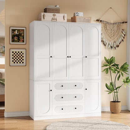 TOKSOM 4 Doors Freestanding Armoire Wardrobe Closet, 72" White Wardrobe Armoire Wooden Closet Large Capacity Storage with 3 Drawers & 3 Hanging Rod Shelves Clothes Organizer