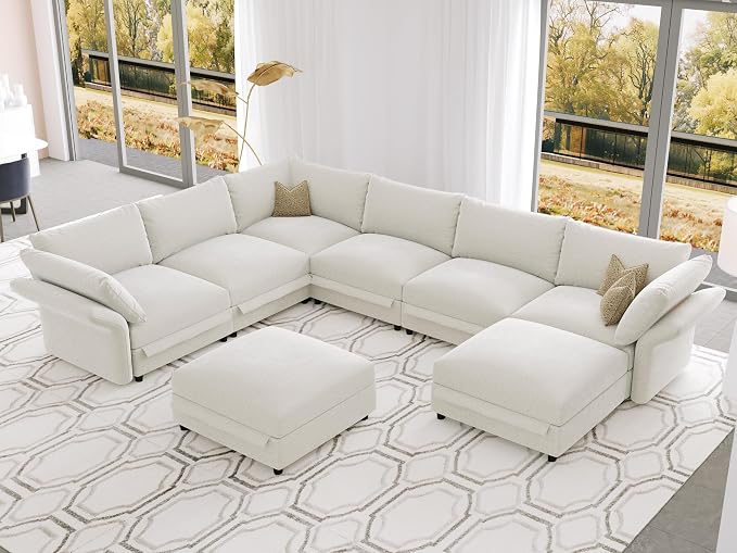 DreamDashio Extra Large Deep Cloud Sectional Sofa, 159" U Shaped Modular Sectional Couches for Living Room with Adjustable Arms Backs, Storage Seat, Thick Plush Cushions, Beige Chenille
