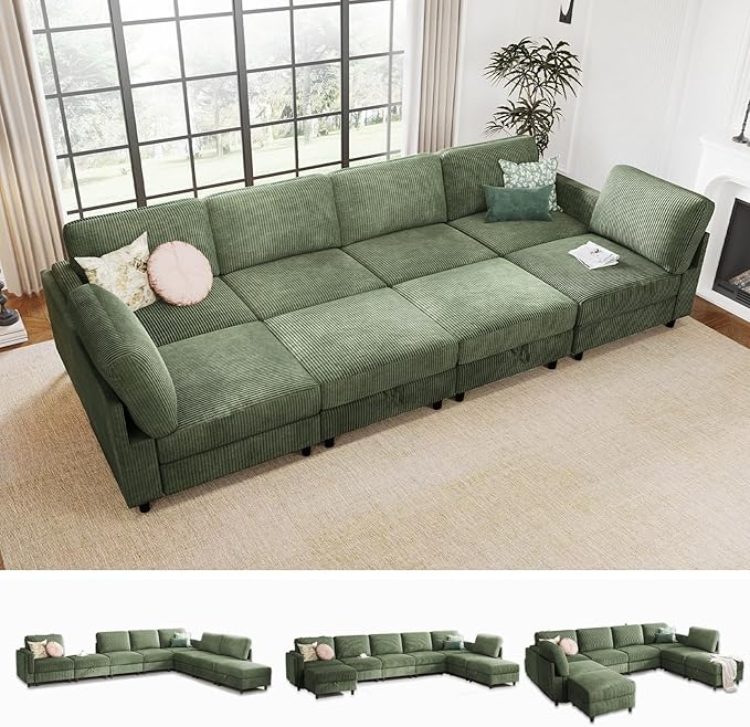 KKL Modular 8 Seater 108 Inch Sofa Bed - 2 * 4 Sectional Sleeper Sofabed with Storage Ottoman, Convertible L/U Shaped Sleeper Couch for Living Room, Modern Reversible Design, Green