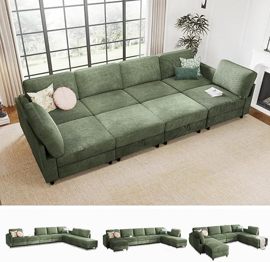 KKL Modular 8 Seater 108 Inch Sofa Bed - 2 * 4 Sectional Sleeper Sofabed with Storage Ottoman, Convertible L/U Shaped Sleeper Couch for Living Room, Modern Reversible Design, Green